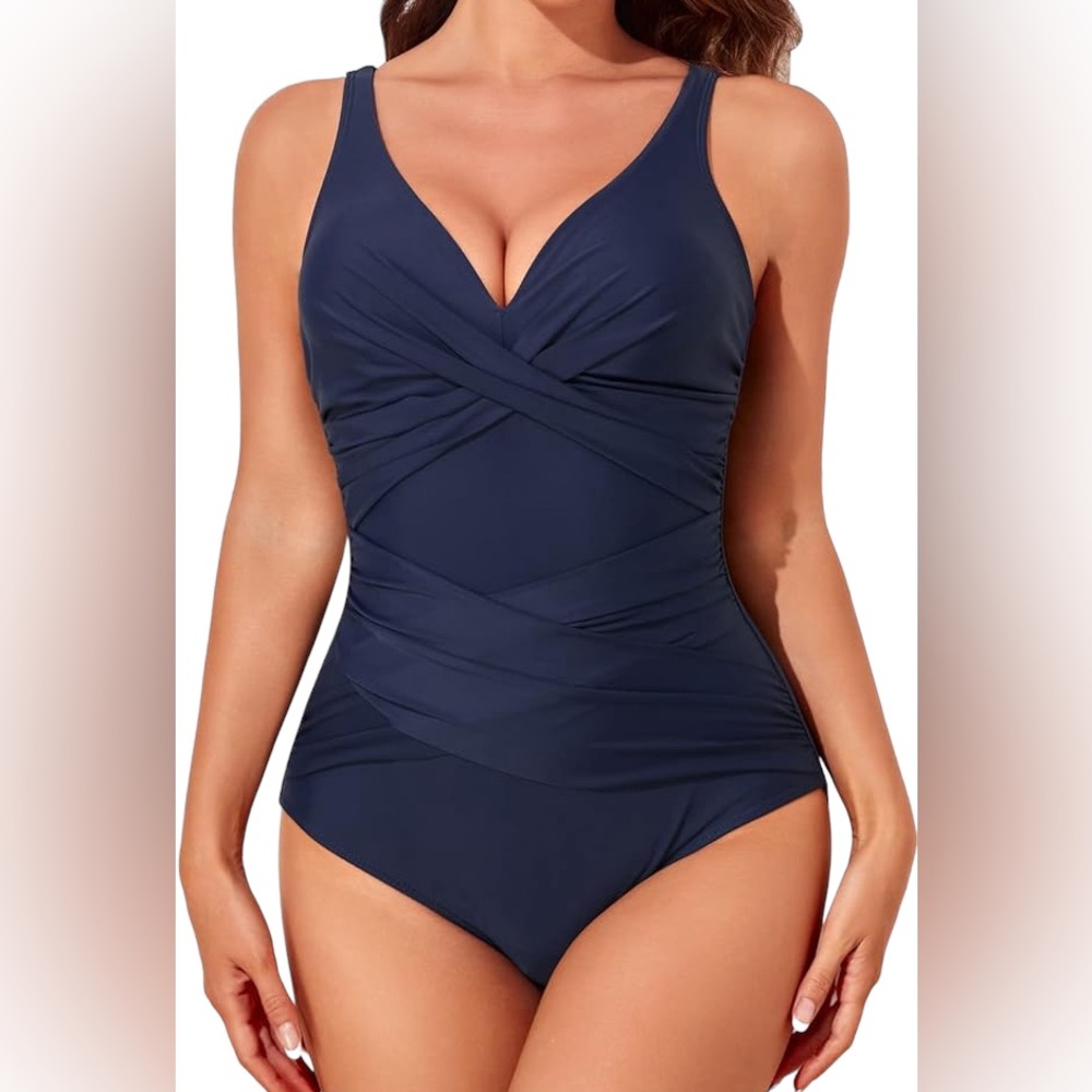 SMISMIVO navy blue modest One Piece Retro Ruched middle twist front swimsuit NWT